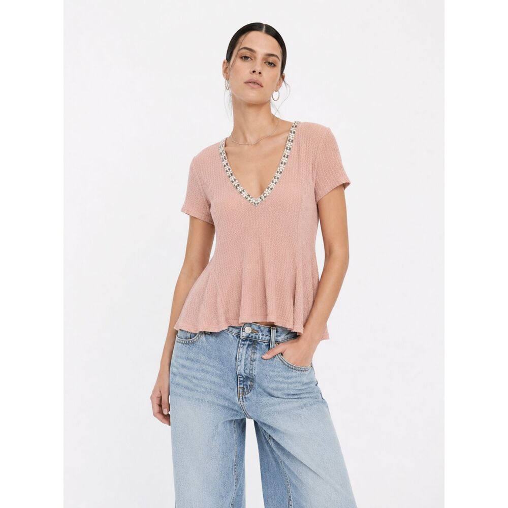 Juicy Couture Y2K Retro V Neck Top Rhinestone Trim Blush Pink Peplum Knit Glam M